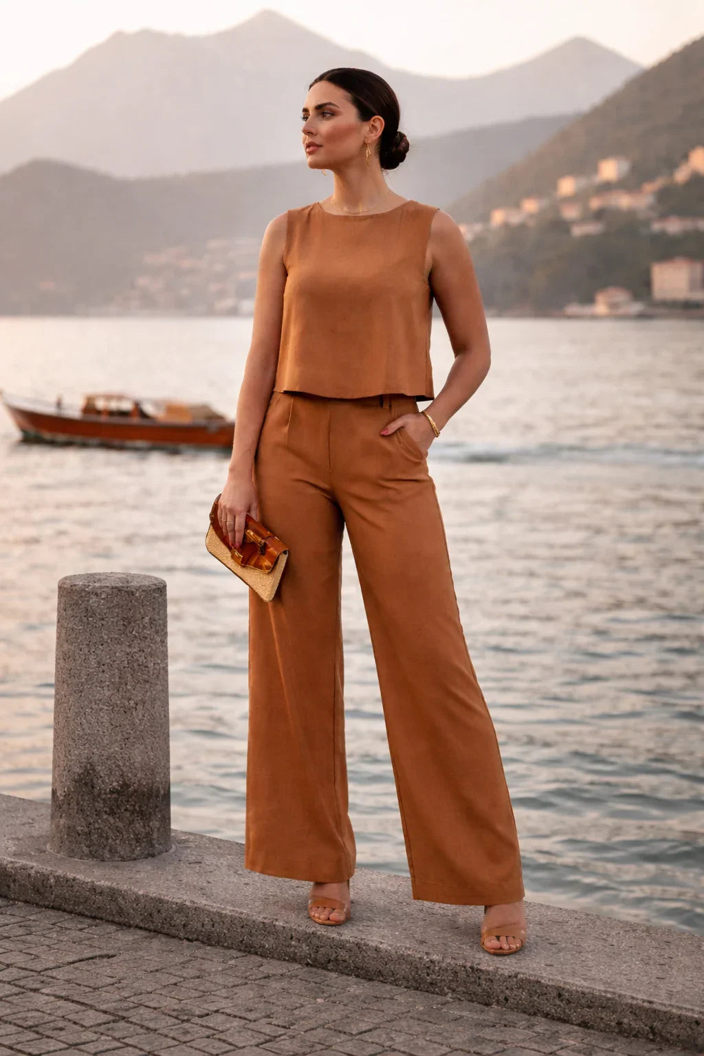 Conjunto caramelo Blusa e calça de Alfaiataria