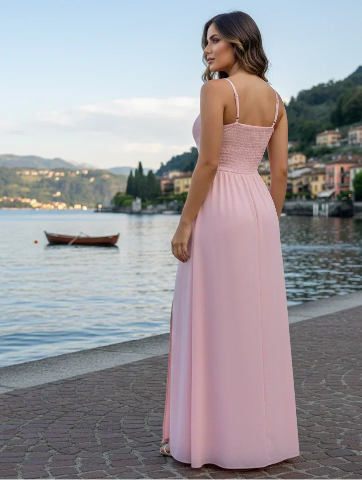 Mulher usando vestido longo rosa claro com alças finas à beira de um lago em cenário europeu.