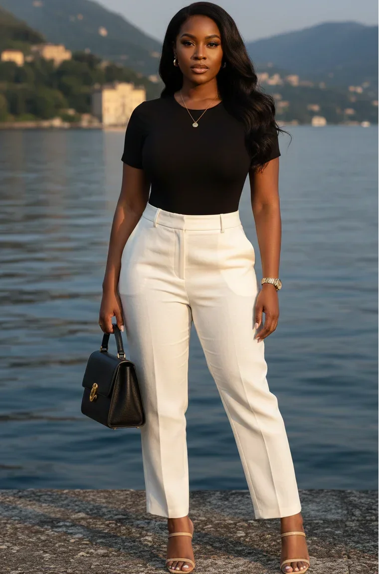 Mulher elegante com blusa preta e calça branca segurando bolsa preta à beira de um lago