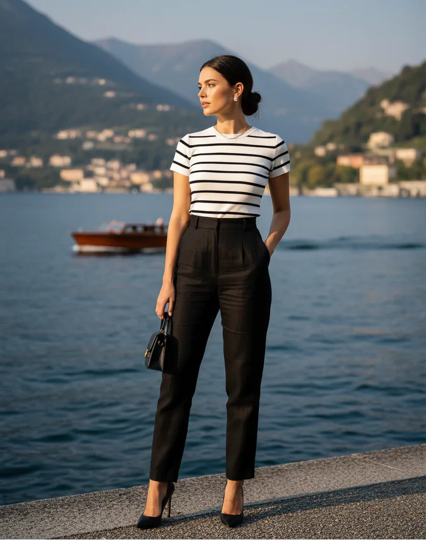 Mulher elegante com blusa listrada e calça preta à beira de um lago, visual moderno