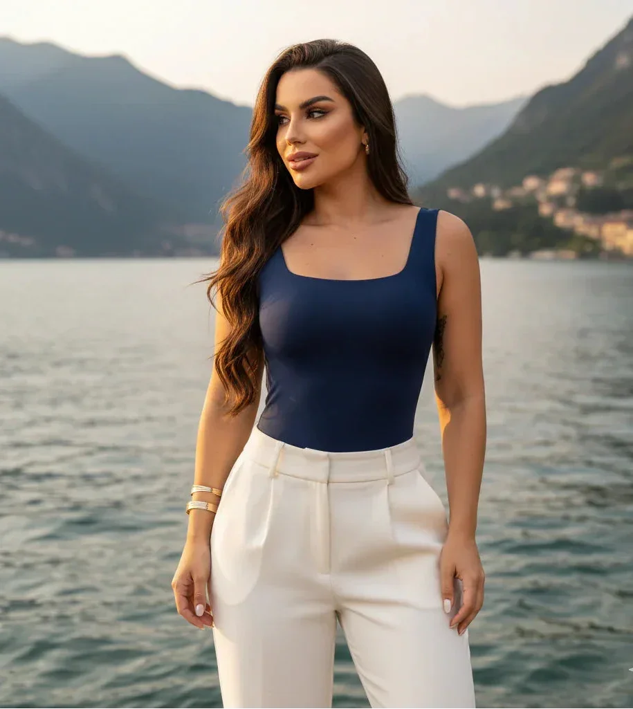 Mulher de cabelos longos, usando body azul e calça branca, posando à beira de um lago com montanhas ao fundo.