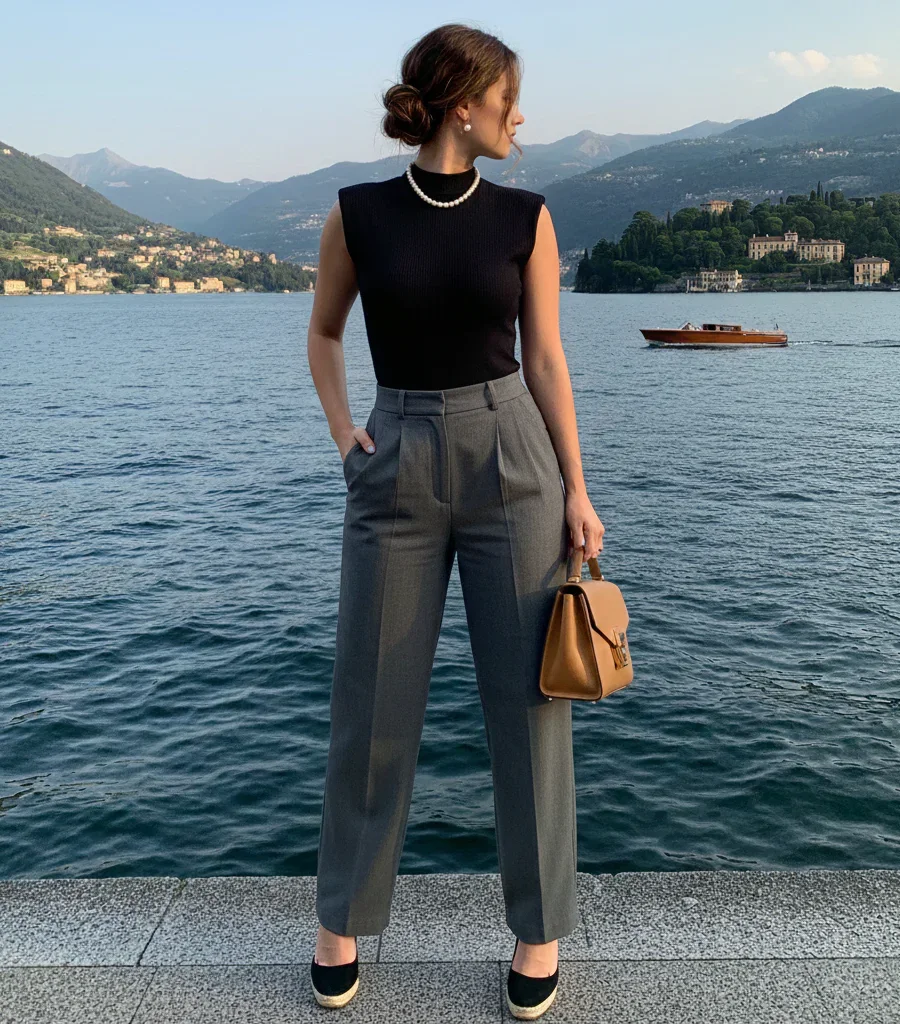 Mulher elegante à beira do lago usando blusa preta sem mangas, calça social cinza e bolsa marrom.