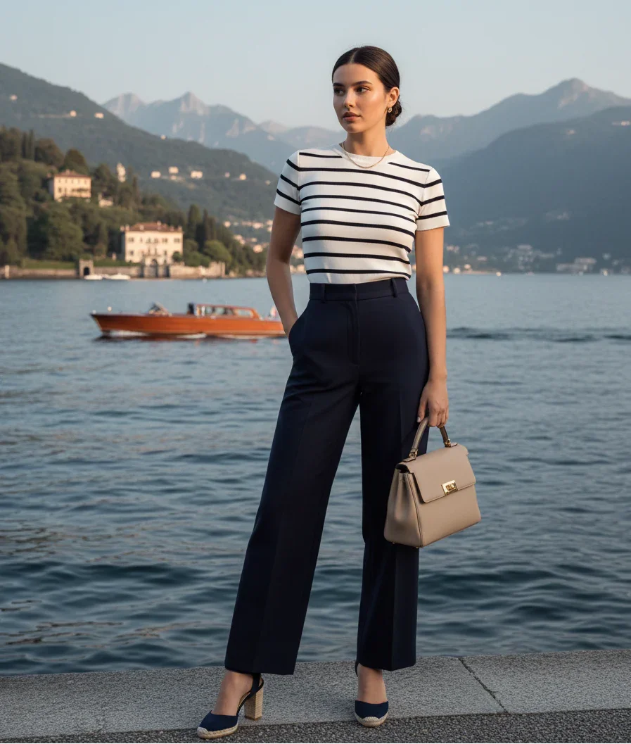 Mulher elegante de camisa listrada, calça social azul e bolsa bege à beira de um lago com montanhas ao fundo.