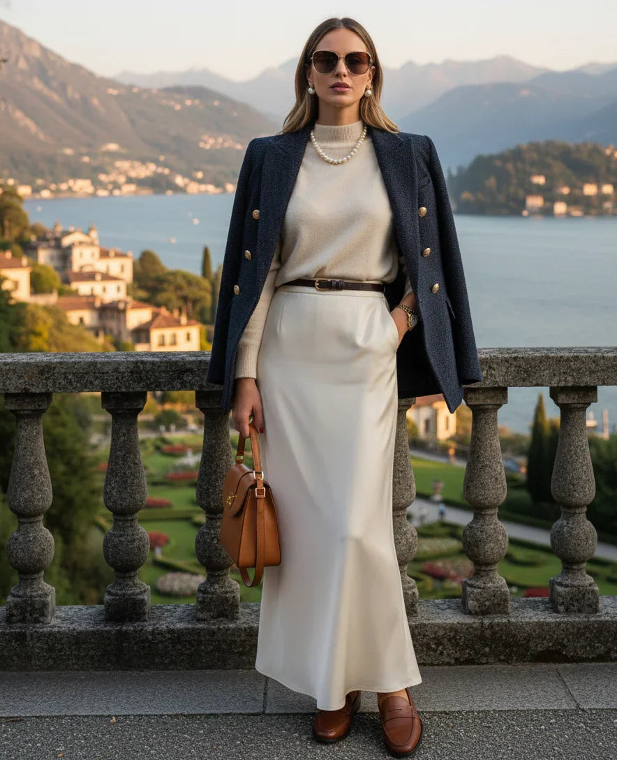Mulher elegante de óculos escuros com blazer azul, saia longa bege e bolsa marrom em mirante com paisagem de lago e montanhas ao fundo.