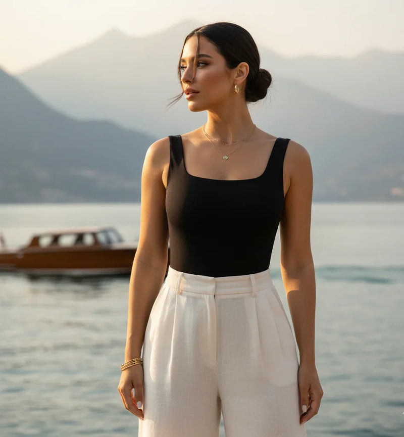 Mulher elegante com regata preta e calça branca à beira de um lago, montanhas ao fundo