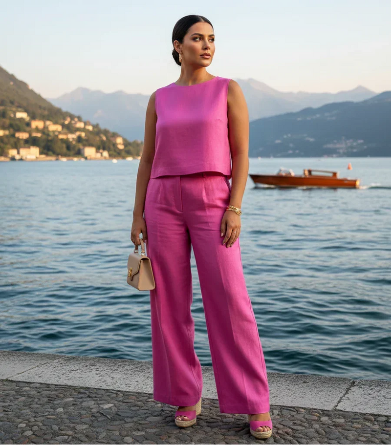 Conjunto blusa e calça de Alfaiataria rosa