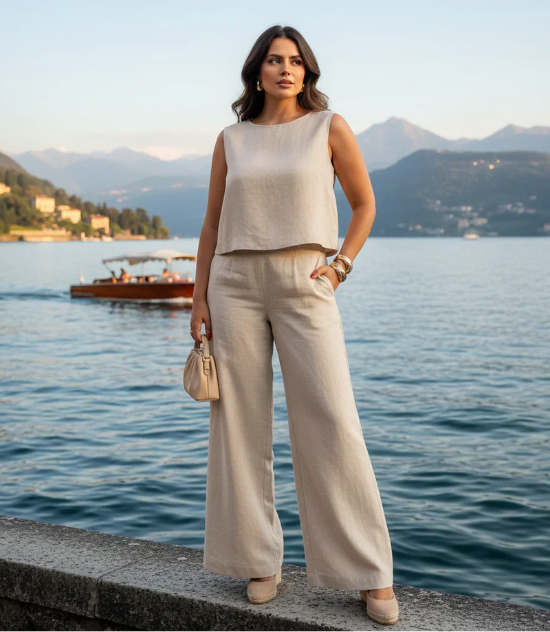Mulher elegante com conjunto bege de linho em frente a um lago com montanhas ao fundo.
