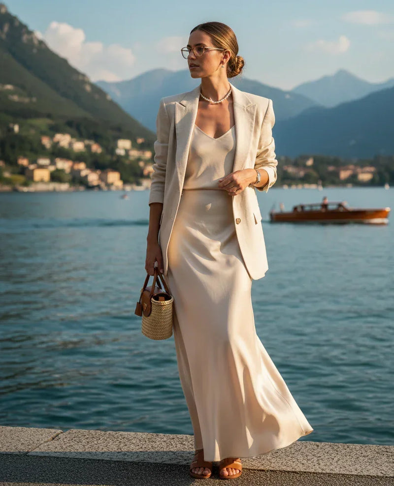 Mulher elegante com vestido longo bege e blazer, à beira de lago em cenário montanhoso