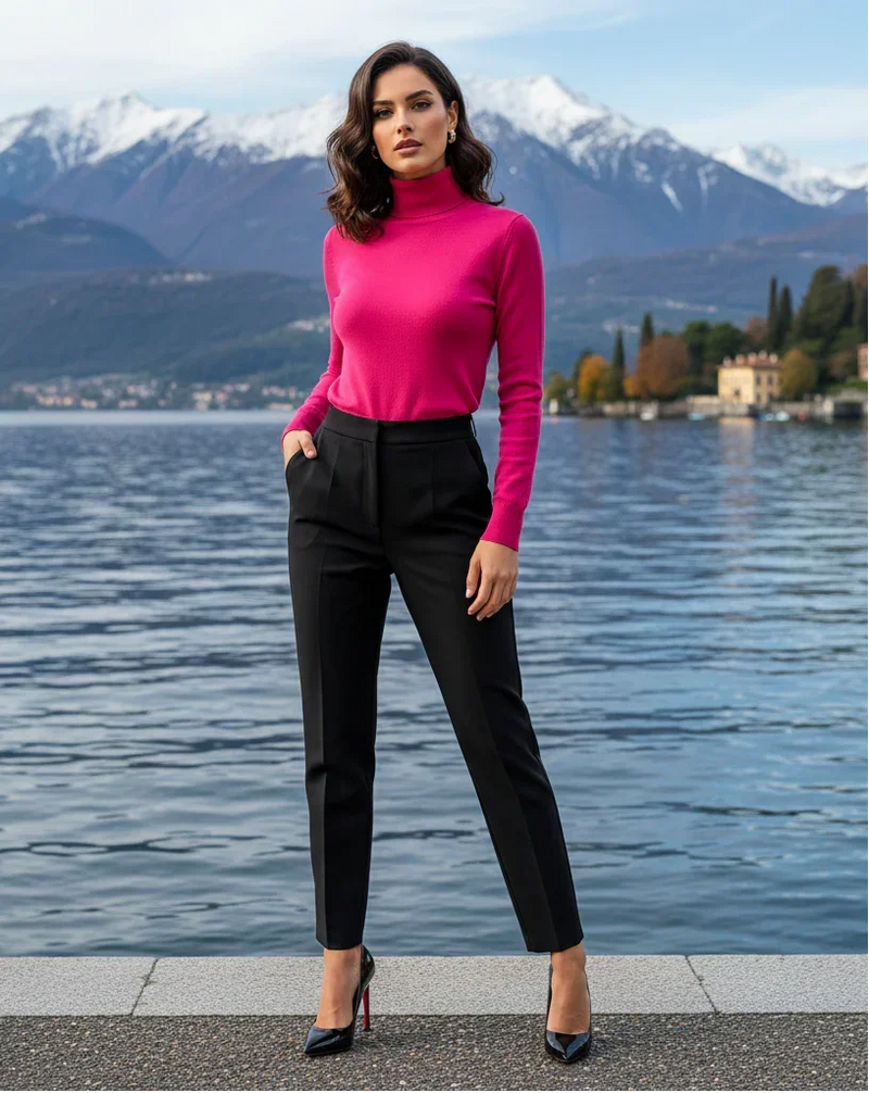 Blusa de manga longa e gola alta rosa