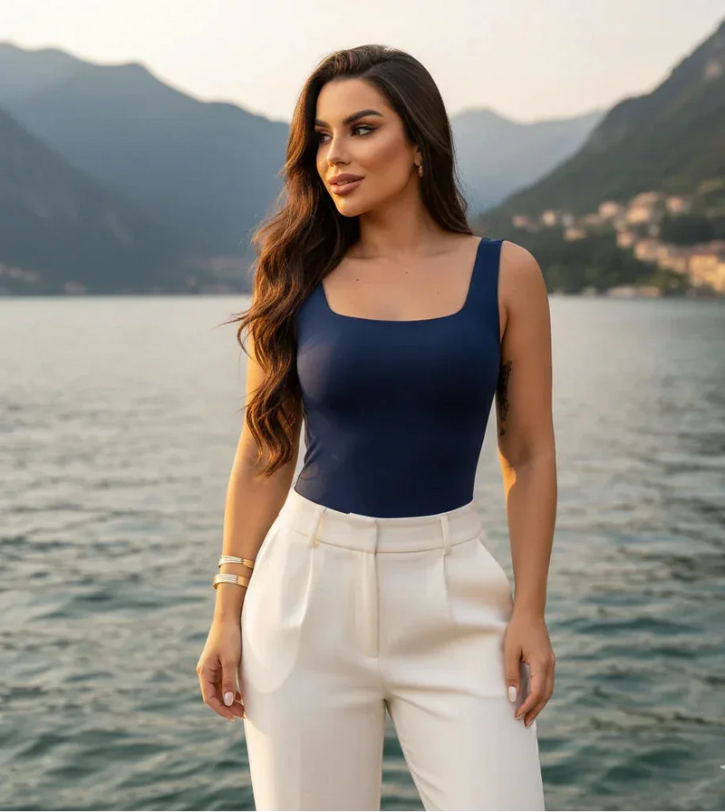 Mulher de cabelos longos, usando body azul e calça branca, posando à beira de um lago com montanhas ao fundo.