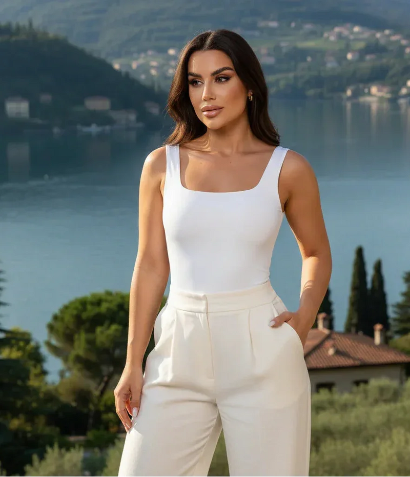 Mulher elegante usando blusa branca e calça clara com vista panorâmica de lago e montanhas ao fundo