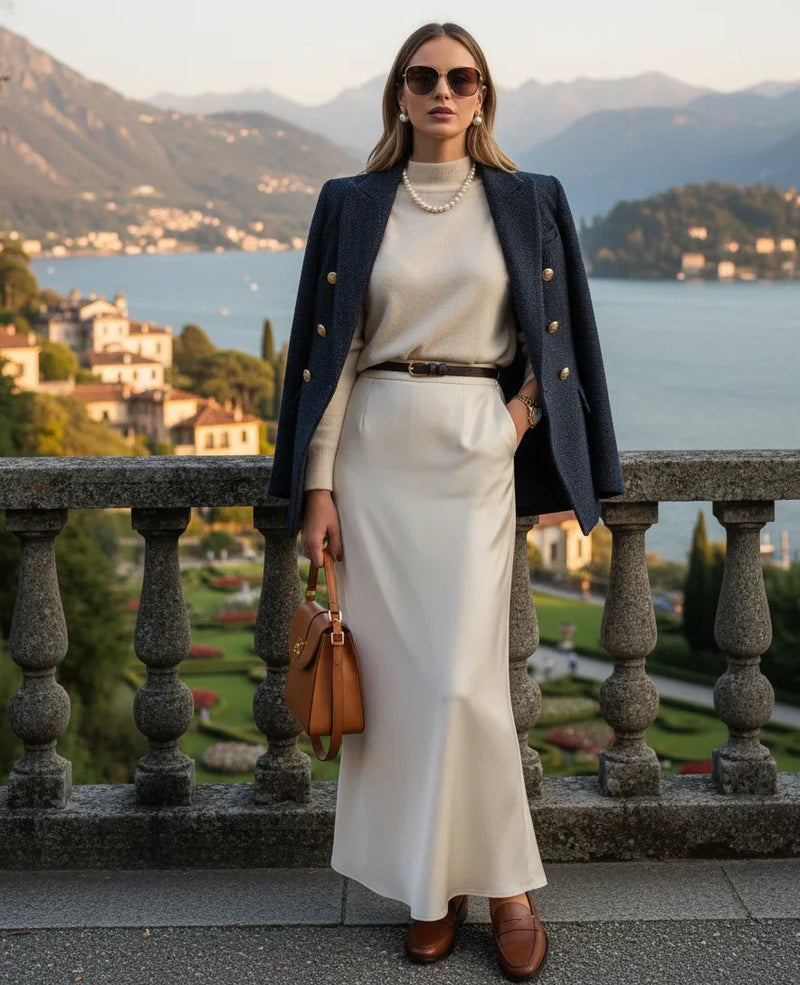 Mulher elegante de óculos escuros com blazer azul, saia longa bege e bolsa marrom em mirante com paisagem de lago e montanhas ao fundo.