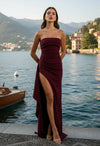 Vestido Longo vermelho vinho tomara que caia com fenda