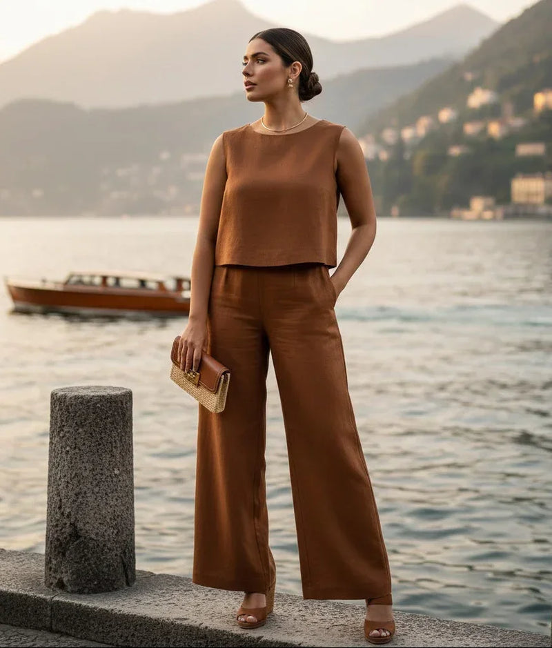 Conjunto blusa e calça de Alfaiataria marrom
